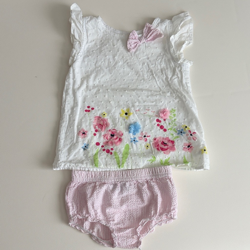 2T flutter sleeve embroidered + seersucker set